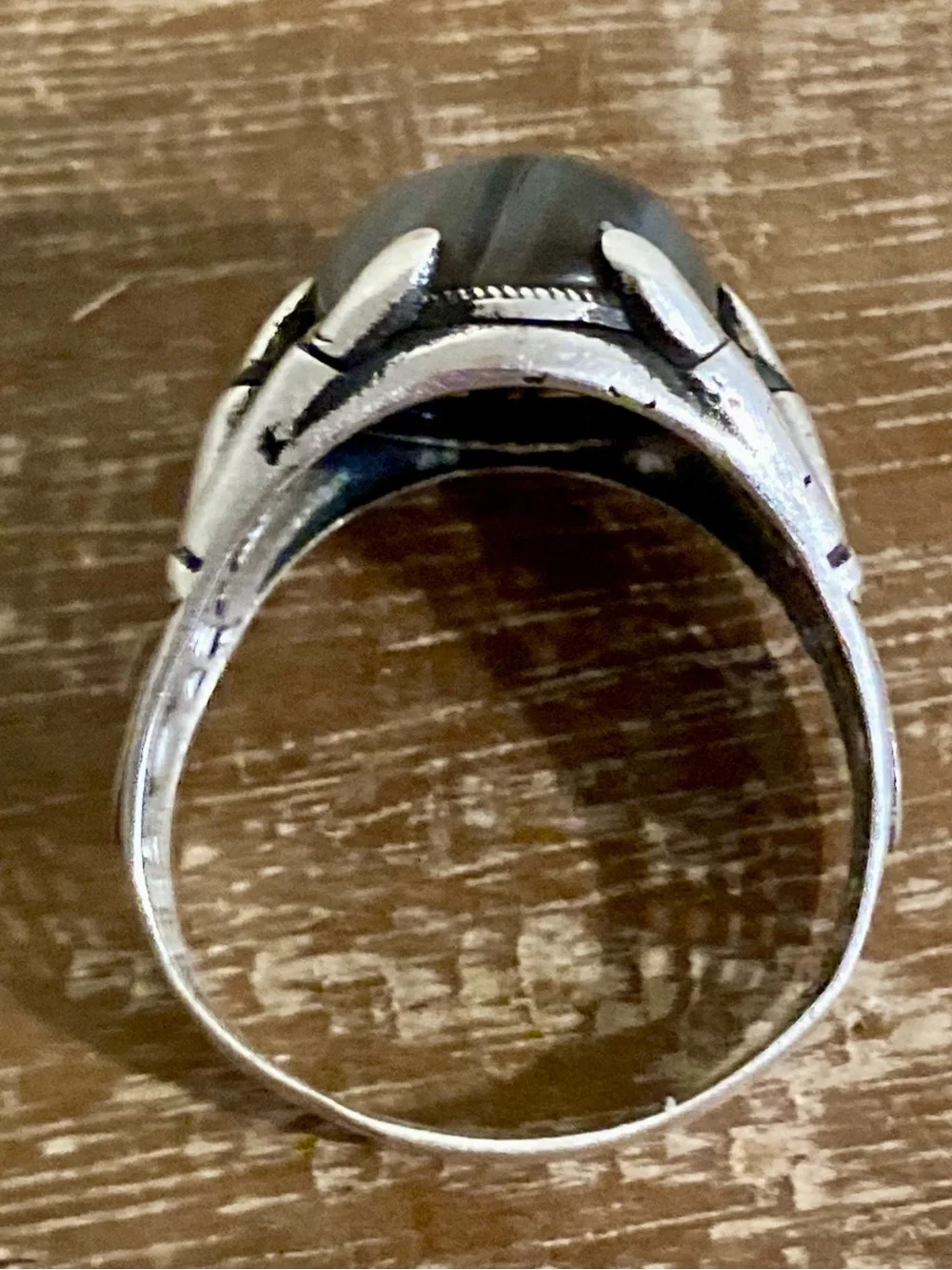 Sterling Silver Men's Statement Ring w/ Brown & Gray Cabochon Stone Dragon Claw
